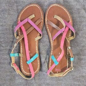 Roxy Multicolor Brown Leather Strappy Sandals with Pink, Purple & Teal Accents